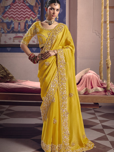 Yellow Silk Embroidered Wedding Wear Saree