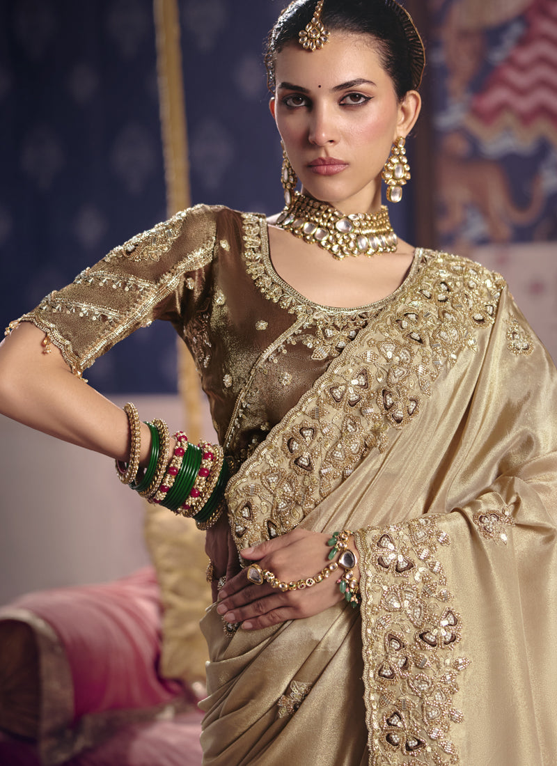 Dark Beige Silk Embroidered Wedding Wear Saree