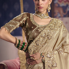 Dark Beige Silk Embroidered Wedding Wear Saree