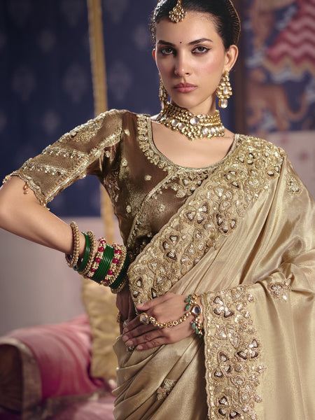 Dark Beige Silk Embroidered Wedding Wear Saree