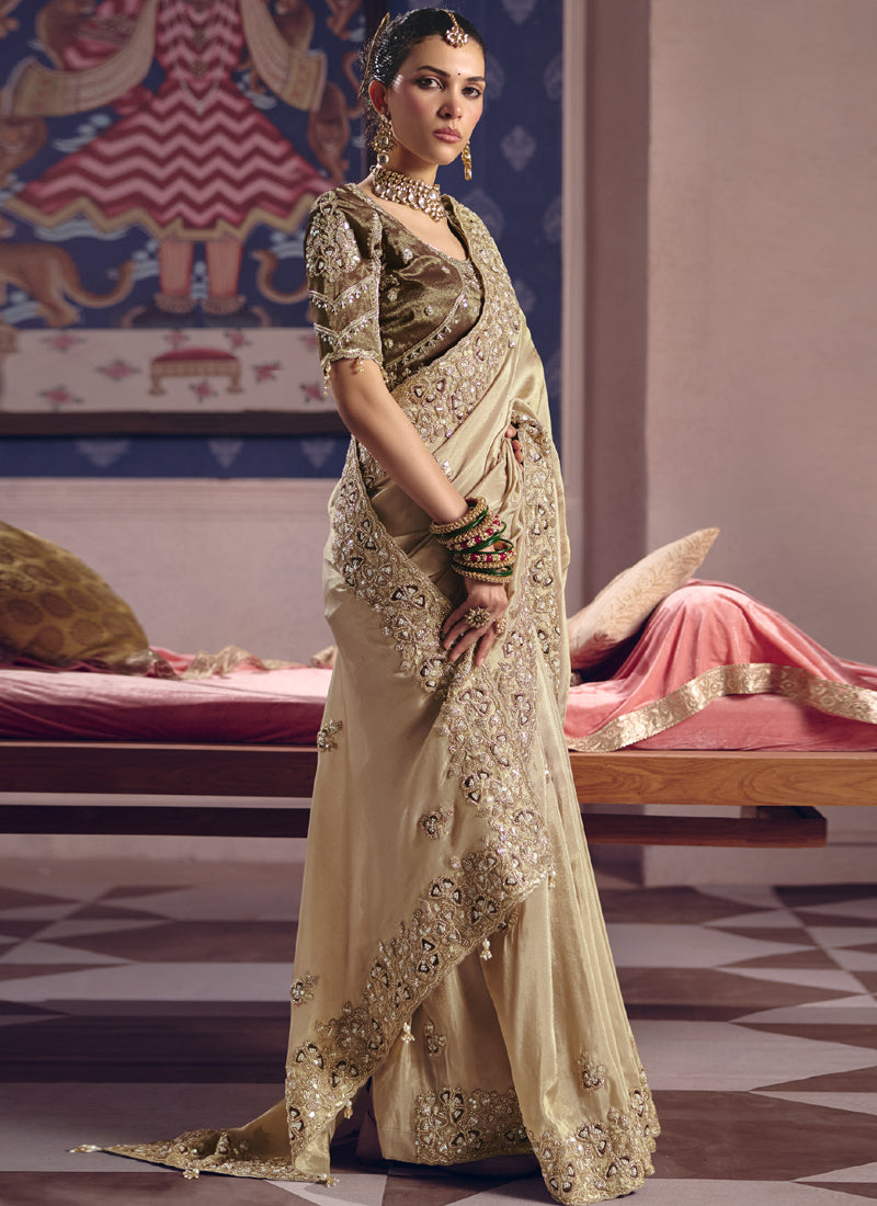 Dark Beige Silk Embroidered Wedding Wear Saree