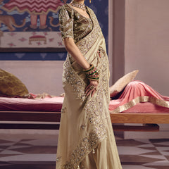 Dark Beige Silk Embroidered Wedding Wear Saree