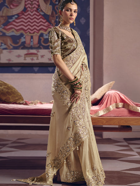 Dark Beige Silk Embroidered Wedding Wear Saree
