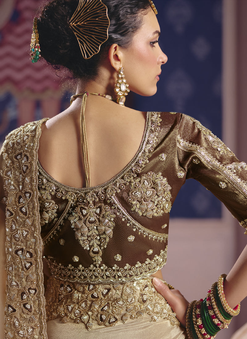 Dark Beige Silk Embroidered Wedding Wear Saree