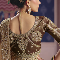 Dark Beige Silk Embroidered Wedding Wear Saree