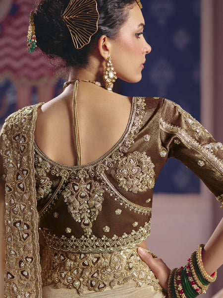 Dark Beige Silk Embroidered Wedding Wear Saree