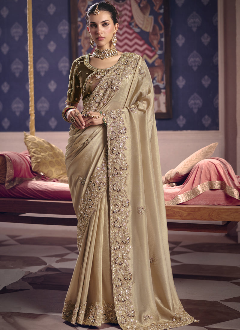Dark Beige Silk Embroidered Wedding Wear Saree