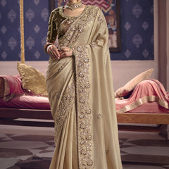 Dark Beige Silk Embroidered Wedding Wear Saree