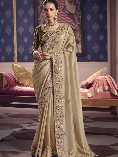 Dark Beige Silk Embroidered Wedding Wear Saree