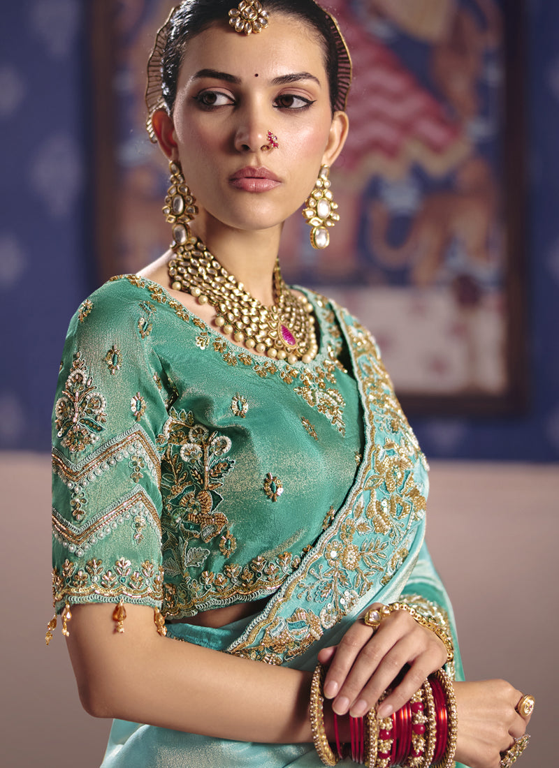 Turquoise Silk Embroidered Wedding Wear Saree