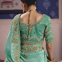Turquoise Silk Embroidered Wedding Wear Saree