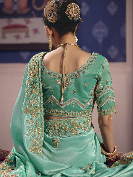 Turquoise Silk Embroidered Wedding Wear Saree