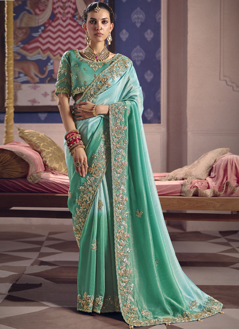 Turquoise Silk Embroidered Wedding Wear Saree