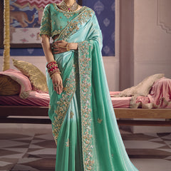 Turquoise Silk Embroidered Wedding Wear Saree