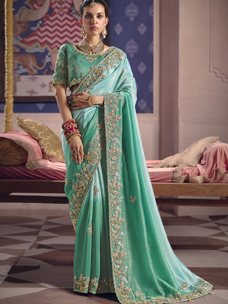 Turquoise Silk Embroidered Wedding Wear Saree