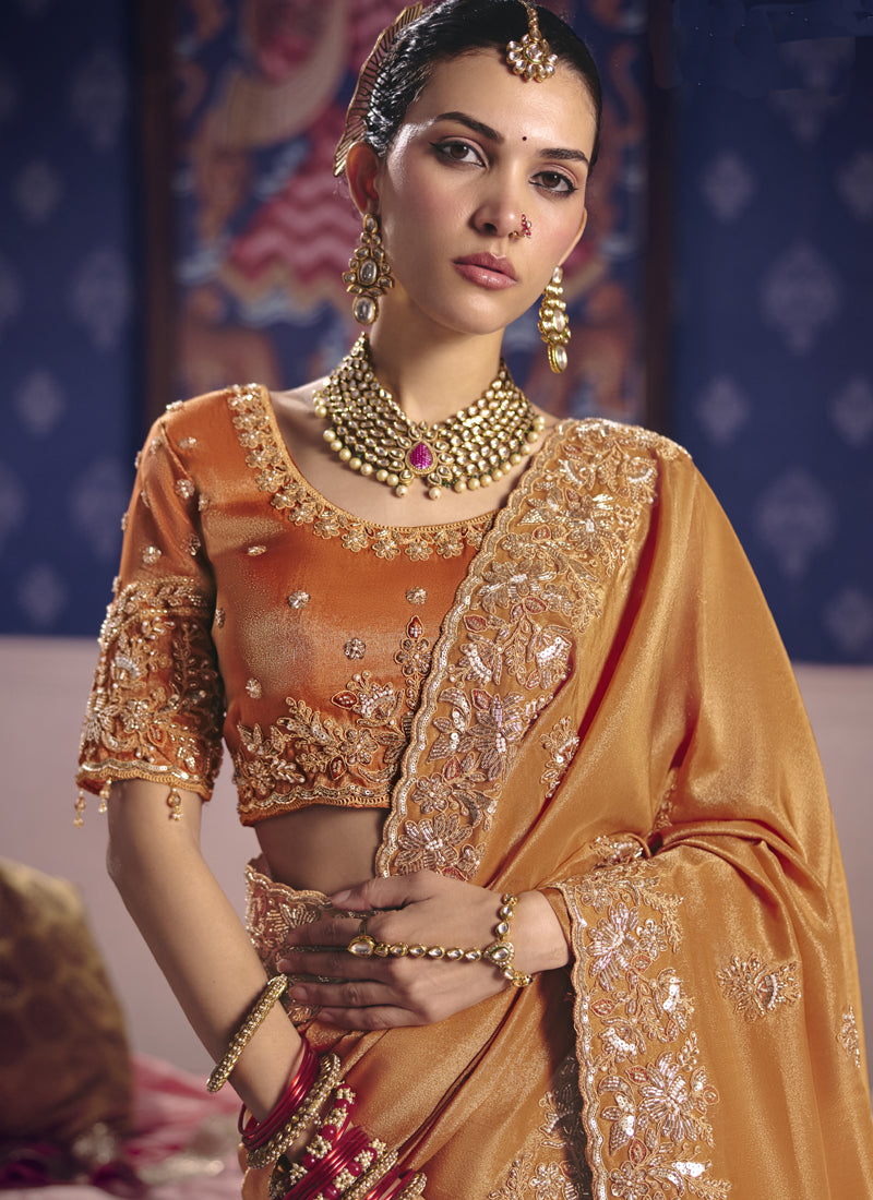 Orange Silk Embroidered Wedding Wear Saree