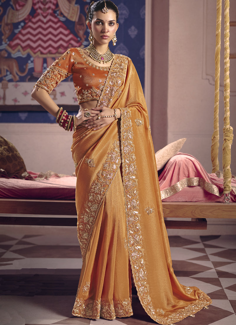 Orange Silk Embroidered Wedding Wear Saree