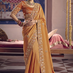 Orange Silk Embroidered Wedding Wear Saree