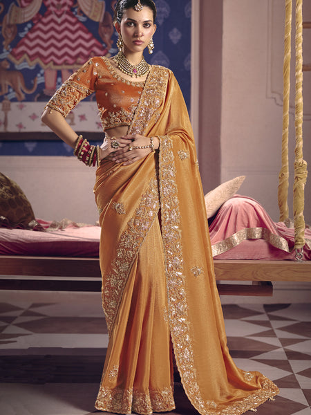 Orange Silk Embroidered Wedding Wear Saree