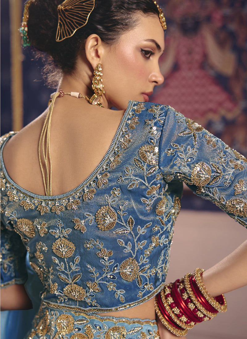Sky Blue Silk Embroidered Wedding Wear Saree