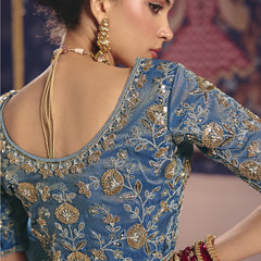 Sky Blue Silk Embroidered Wedding Wear Saree