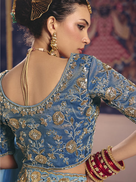 Sky Blue Silk Embroidered Wedding Wear Saree