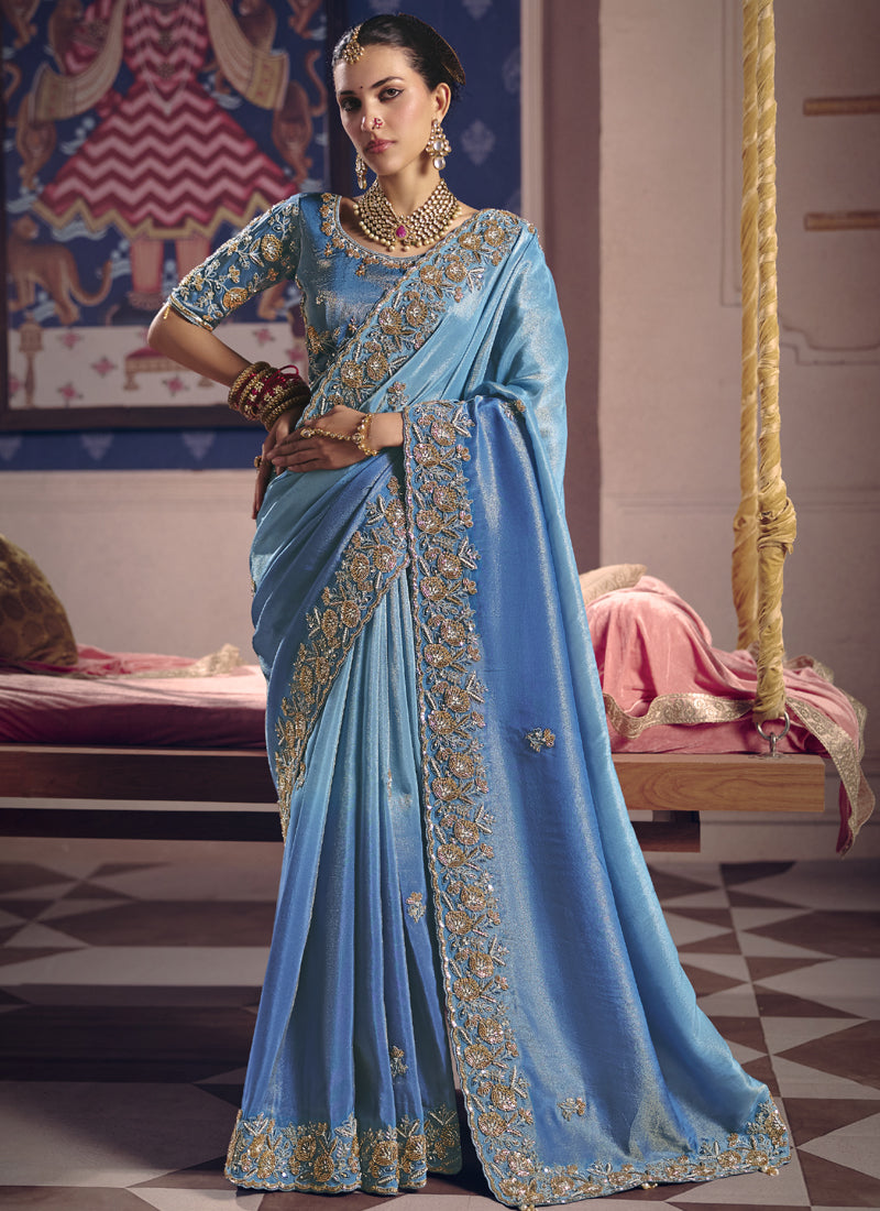 Sky Blue Silk Embroidered Wedding Wear Saree