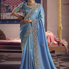 Sky Blue Silk Embroidered Wedding Wear Saree