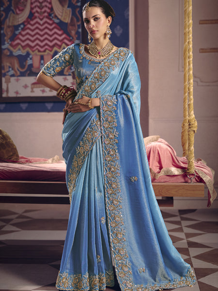 Sky Blue Silk Embroidered Wedding Wear Saree