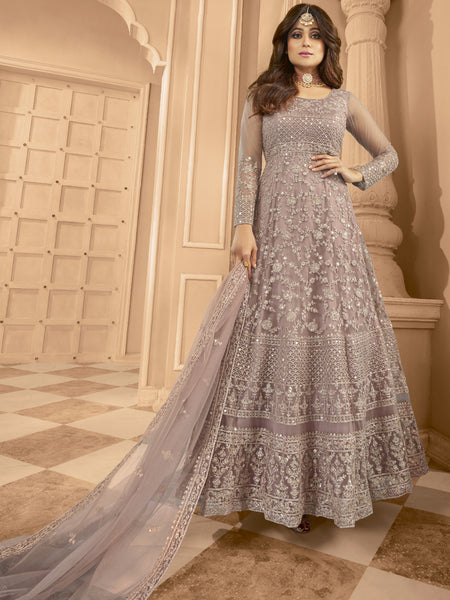 Onion Pink Net Embroidered Anarkali Suit