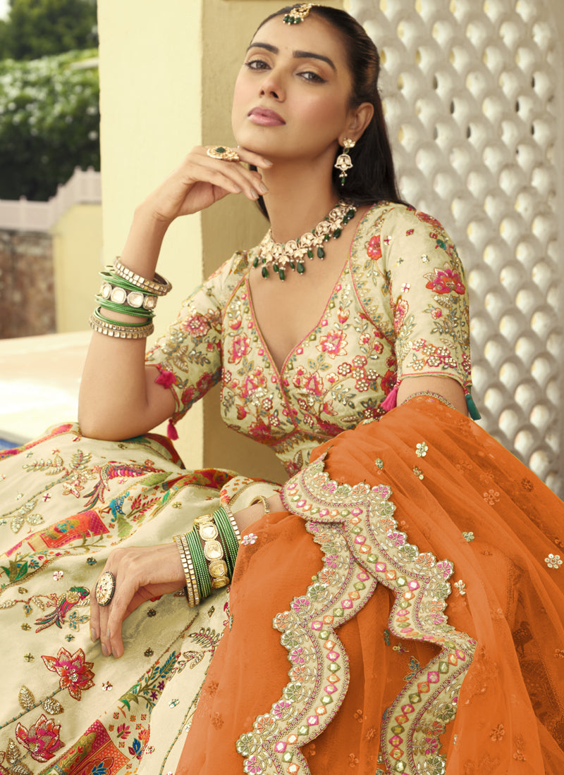 Off White Silk Embroidered & Art Mirror Work Wedding Wear Lehenga Choli