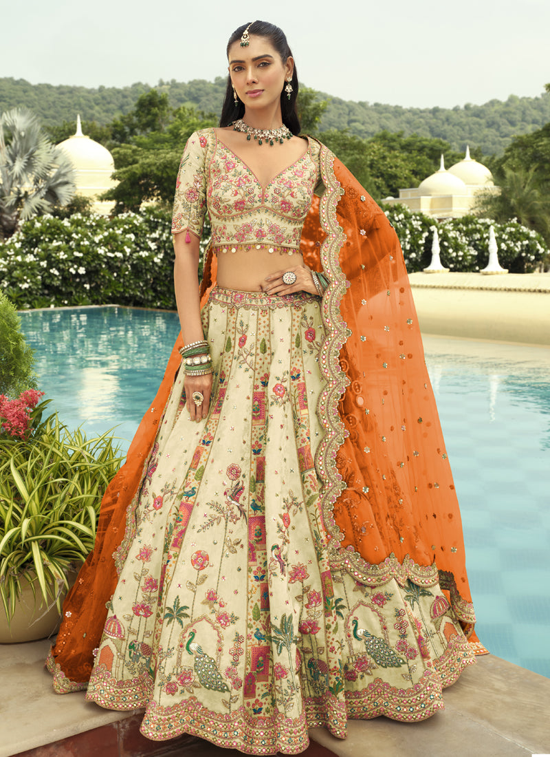 Off White Silk Embroidered & Art Mirror Work Wedding Wear Lehenga Choli