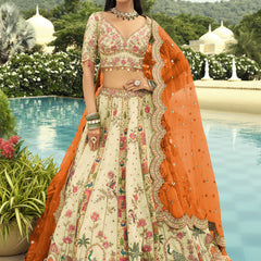 Off White Silk Embroidered & Art Mirror Work Wedding Wear Lehenga Choli