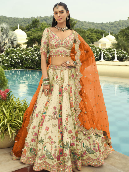 Off White Silk Embroidered & Art Mirror Work Wedding Wear Lehenga Choli