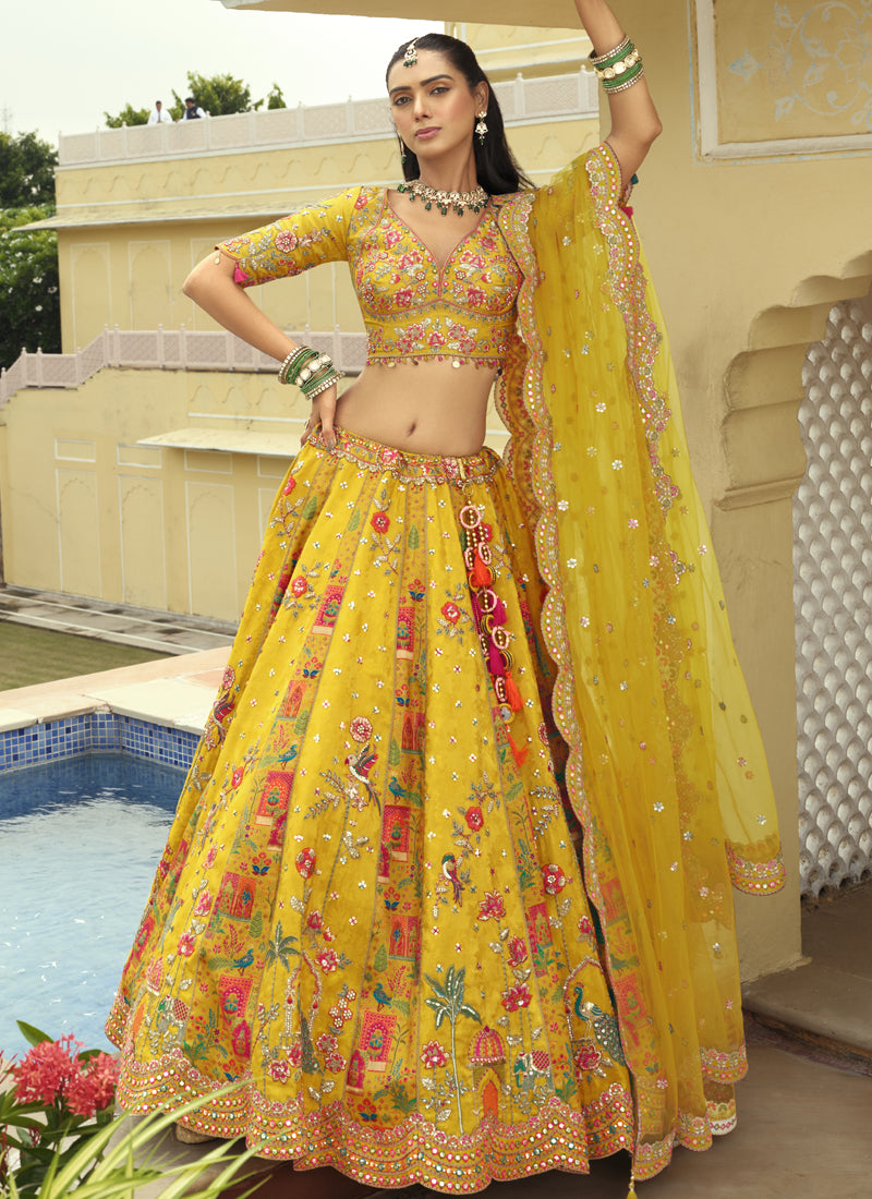 Yellow Silk Embroidered & Art Mirror Work Wedding Wear Lehenga Choli