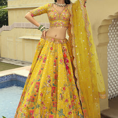 Yellow Silk Embroidered & Art Mirror Work Wedding Wear Lehenga Choli