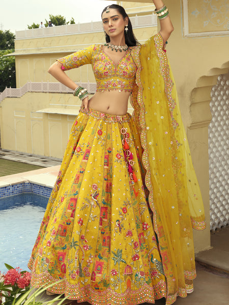 Yellow Silk Embroidered & Art Mirror Work Wedding Wear Lehenga Choli