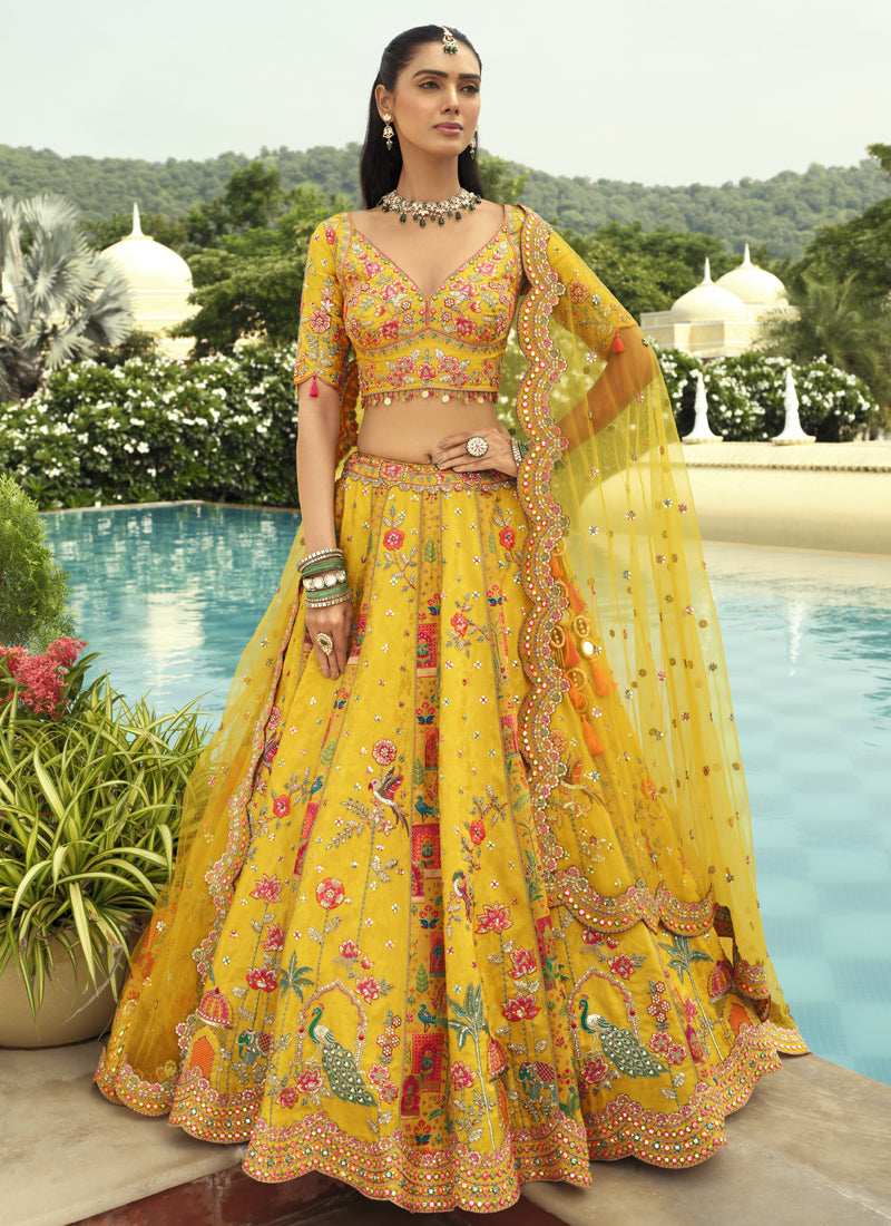 Yellow Silk Embroidered & Art Mirror Work Wedding Wear Lehenga Choli
