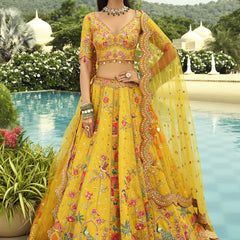 Yellow Silk Embroidered & Art Mirror Work Wedding Wear Lehenga Choli