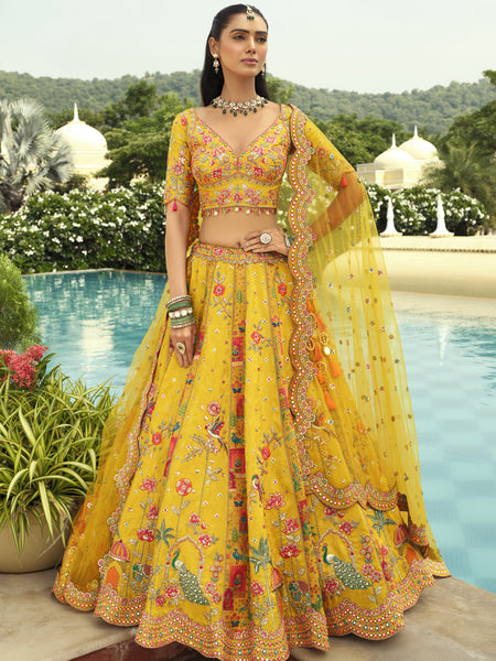 Yellow Silk Embroidered & Art Mirror Work Wedding Wear Lehenga Choli