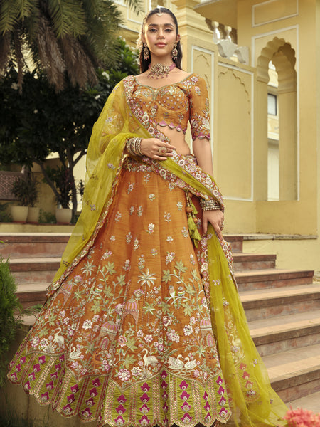 Mustard Silk Embroidered & Art Mirror Work Wedding Wear Lehenga Choli