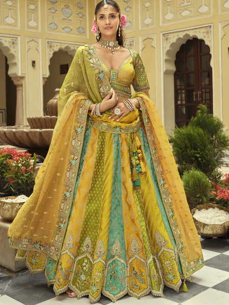 Yellow Silk Embroidered & Art Mirror Work Wedding Wear Lehenga Choli
