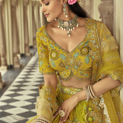 Lemon Yellow Silk Embroidered & Art Mirror Work Wedding Wear Lehenga Choli