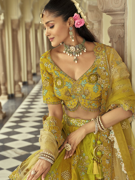 Lemon Yellow Silk Embroidered & Art Mirror Work Wedding Wear Lehenga Choli