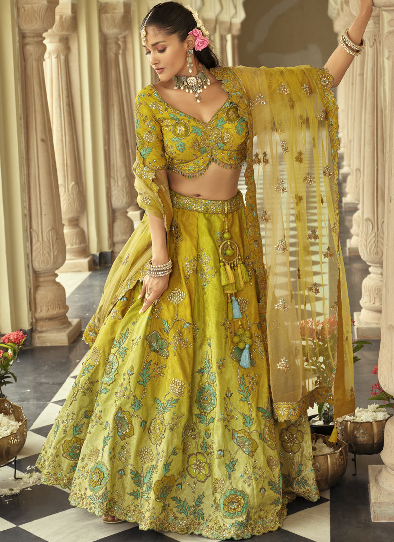 Lemon Yellow Silk Embroidered & Art Mirror Work Wedding Wear Lehenga Choli