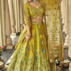Lemon Yellow Silk Embroidered & Art Mirror Work Wedding Wear Lehenga Choli