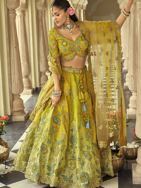 Lemon Yellow Silk Embroidered & Art Mirror Work Wedding Wear Lehenga Choli
