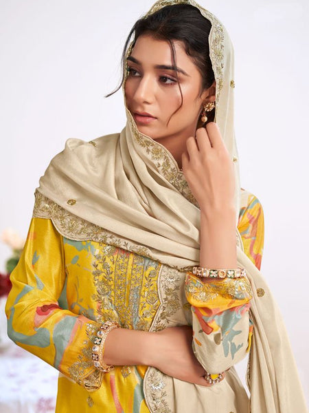 Yellow Embroidery Chinon Silk Salwar Suit