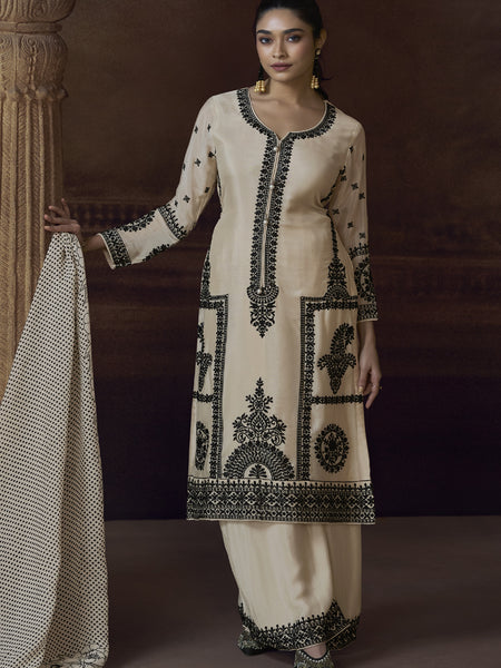Off White Chinon Silk Embroidered Designer Palazzo Suit