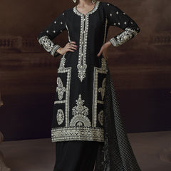 Black Chinon Silk Embroidered Designer Palazzo Suit